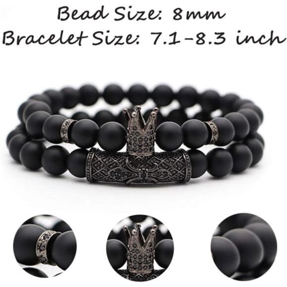 CARSHIER 4 PCS Bracelets for Men Women Friendship Lava Stone Crown Bead - Picture 2 of 7
